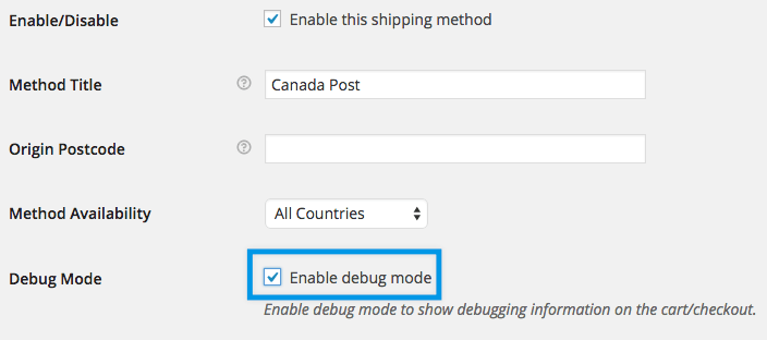 Enable Canada Post debug mode