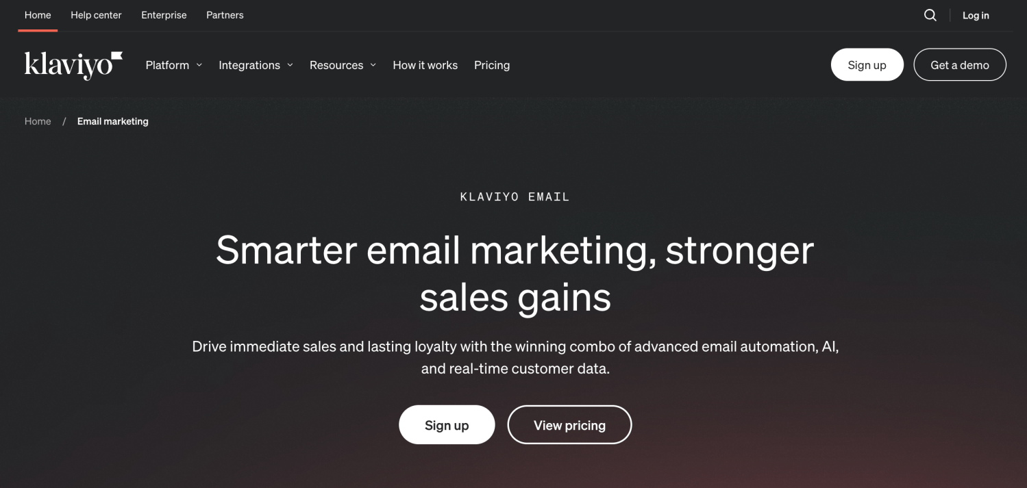 Klaviyo homepage with information about email marketing