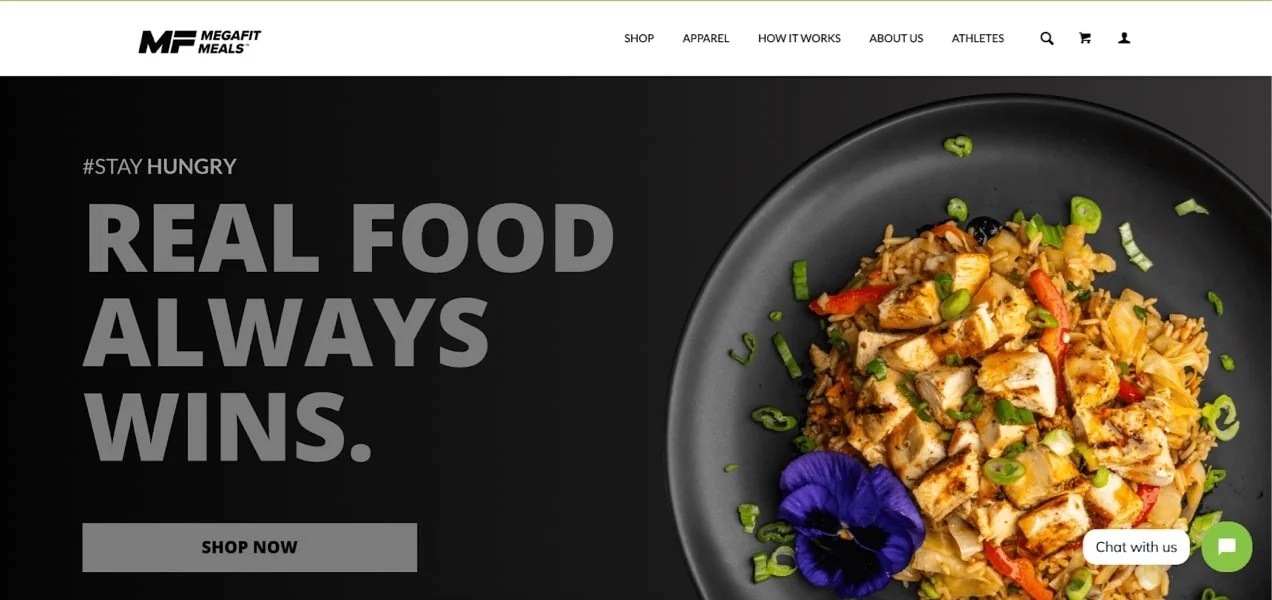 MegaFit Meals homepage with a large hero image